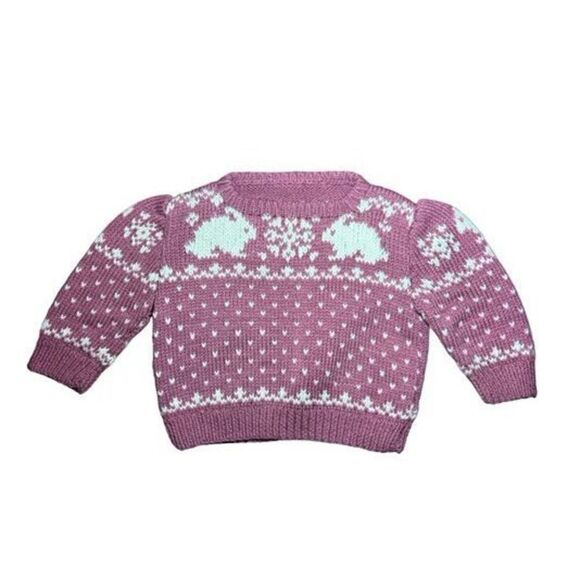 No Brand Other - Hoppy Hearts! Vintage Knit Pink & White Rabbit Sweater